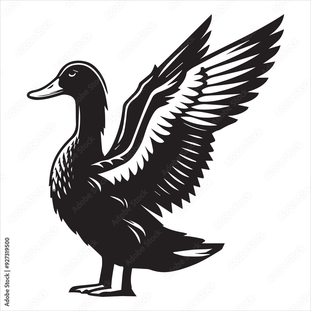 American Black Duck Silhouette, Black Duck Clipart, American Black Duck stretching one wing out illustration in black and white American Black Duck Silhouette, Black Duck Clipart, American Black Duck stretching one wing out illustration in black and white