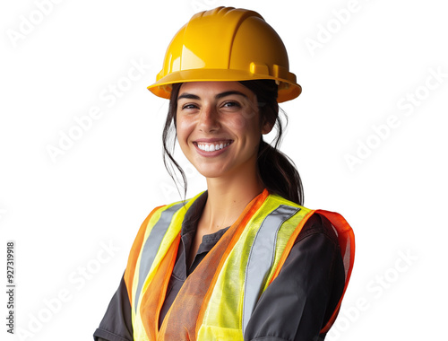 confident smiling female worker in safety helmet, isolated and happy