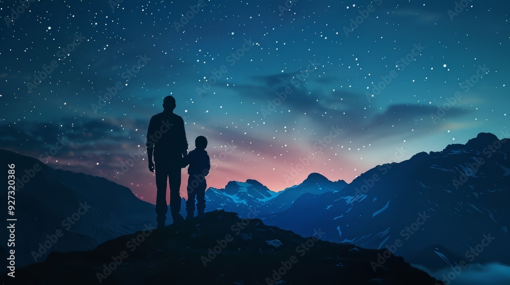 Silhouette of a father and son standing on a mountain top with a starry sky above them. Silhouette of a father and son standing on a mountain top with a starry sky above them.