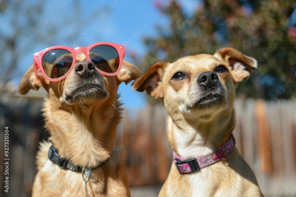 Two adorable dogs posing with sunglasses on a sunny day, looking fashionable and cool Two adorable dogs posing with sunglasses on a sunny day, looking fashionable and cool