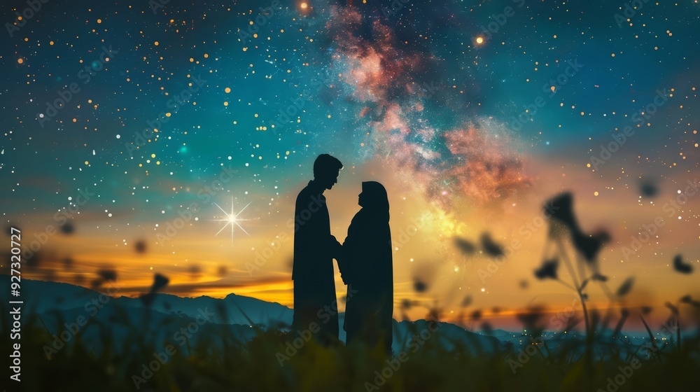 Silhouette of a couple standing in front of a stunning night sky with a galaxy and stars. Silhouette of a couple standing in front of a stunning night sky with a galaxy and stars.