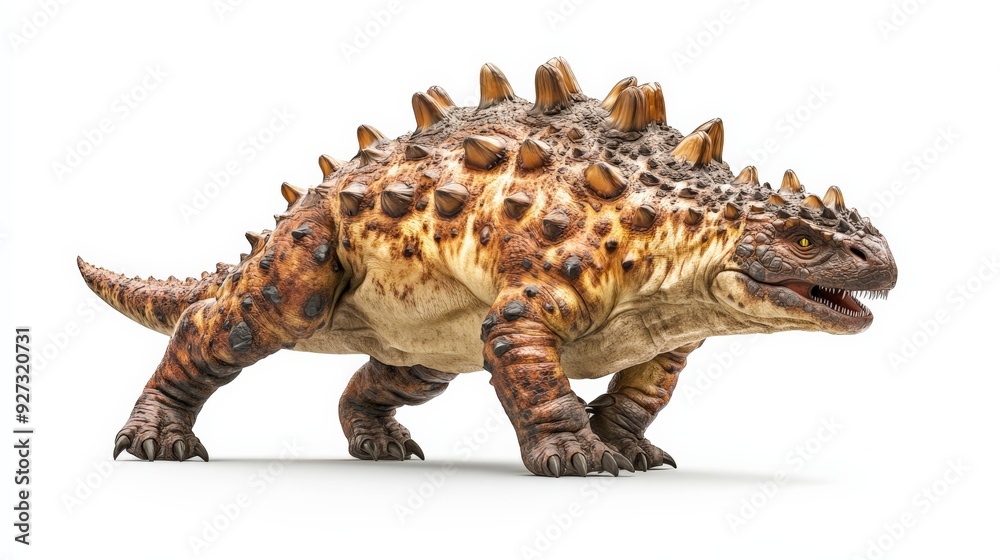 Fototapeta premium Detailed rendering of a dinosaur with spiked back and armored body, showcasing prehistoric wildlife in clear detail on a white background.