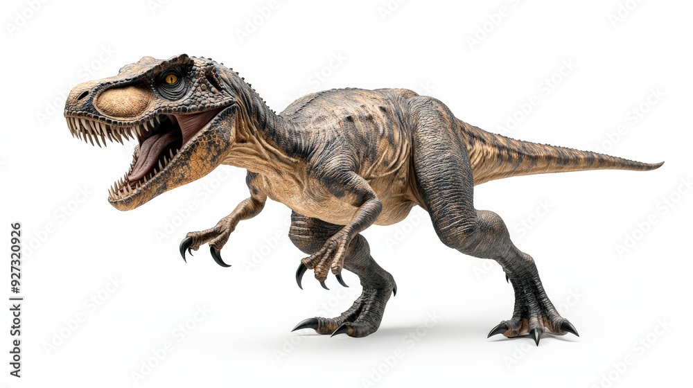 Detailed vivid image of a roaring T-Rex dinosaur against a white background, showcasing its fierce and majestic appearance. Detailed vivid image of a roaring T-Rex dinosaur against a white background, showcasing its fierce and majestic appearance.