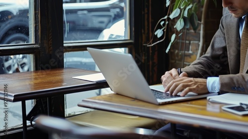 Man working on laptop in a cafe.