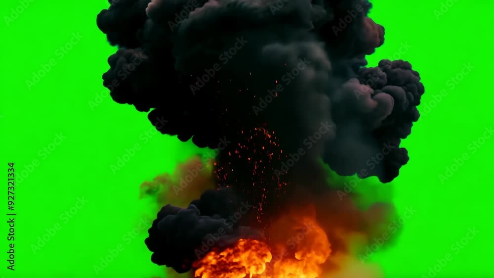 Motion animation of atomic bomb explosion on green screen background. Nuclear fire mushroom cloud in world war. Apocalypse, armageddon. Effect ready to chroma key