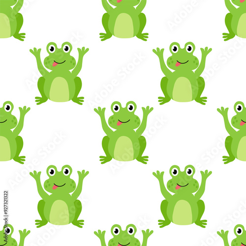 Seamless Pattern with Cute frog sit and show tongue. Vector flat illustration.