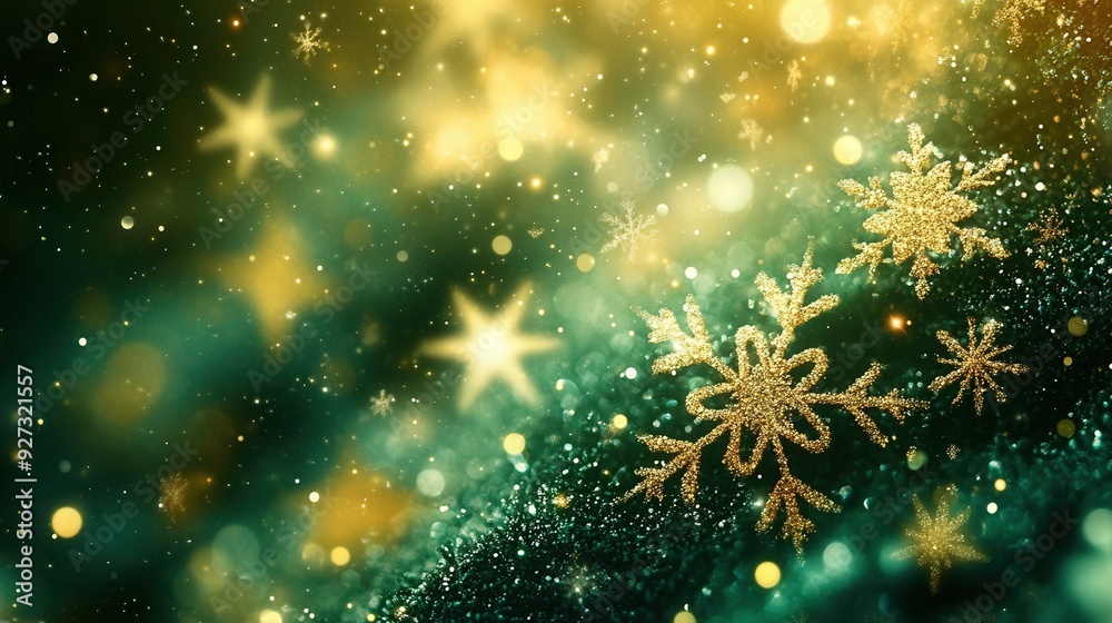 A green background with snowflakes and stars A green background with snowflakes and stars