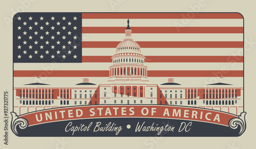 Vector banner with inscriptions and the image of the USA Capitol in Washington DC. Vector illustration Capitol Building in Washington on the background of american flag