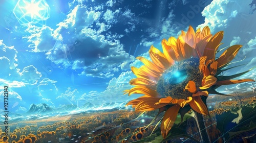 A sunflower with holographic petals in a futuristic landscape, showcasing the integration of technology with nature
