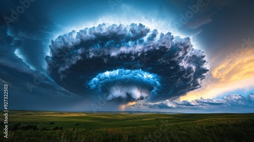 Mammatus clouds forming in the aftermath of a powerful storm with a rainbow in the distance photo