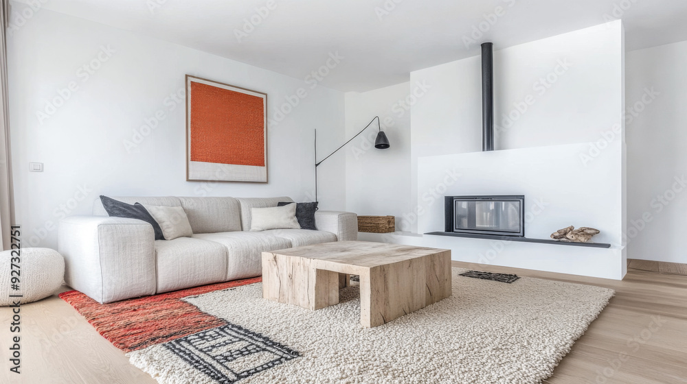 Contemporary living room interior design with stylish decoration, artwork and elegant furniture. Luxury apartment interiors in neutral tones.