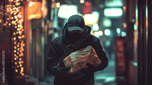 Robber Stock Photo: Tense Scene of a Masked Robber with Money Bag in a Dimly Lit Alley - Perfect for Commercial Photography