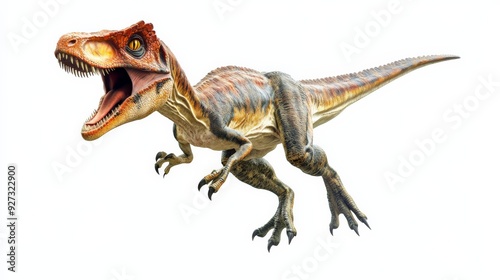 Dynamic rendering of a roaring Velociraptor in mid-leap, showing detailed texture and fierce expression on a white background.