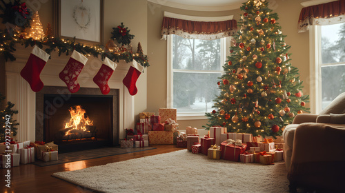 Stock Christmas Photos: Cozy Living Room with Glowing Fireplace and Colorful Tree for Your Holiday Marketing Needs