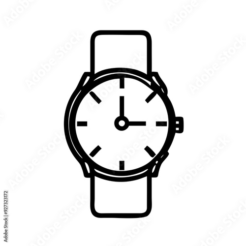 Black Flat Classic Wristwatch Icon: A high-resolution, elegantly simple vector icon representing a classic wristwatch. This icon features a timeless design with a round face and traditional watch hand