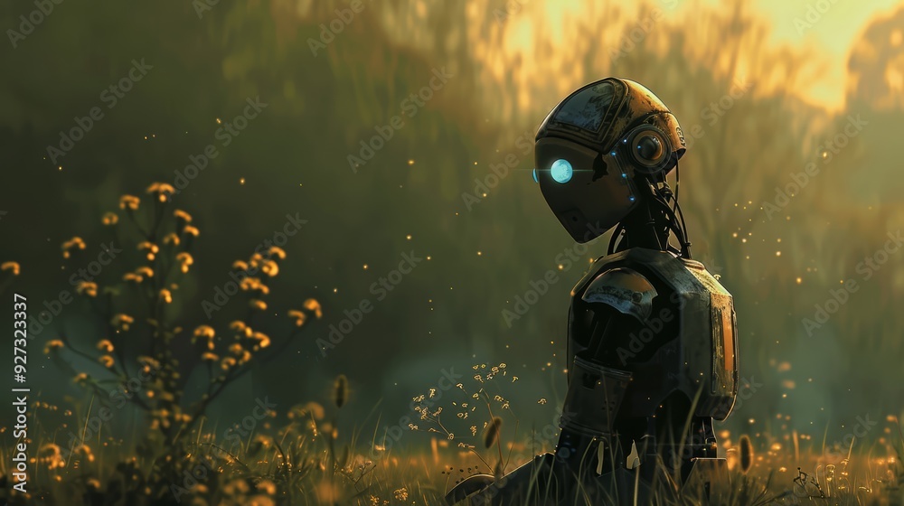A robot stands in a field of tall grass with a blurred background of trees at sunset. A robot stands in a field of tall grass with a blurred background of trees at sunset.