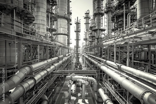 Monochrome industrial plant with complex pipeline system and towering structures, showcasing engineering and industrial design.