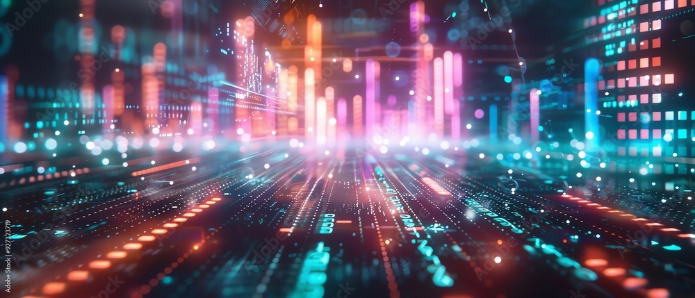 Futuristic cityscape with neon lights and digital elements creating a cyberpunk atmosphere. Vibrant colors and dynamic visuals emphasizing technology. Futuristic cityscape with neon lights and digital elements creating a cyberpunk atmosphere. Vibrant colors and dynamic visuals emphasizing technology.