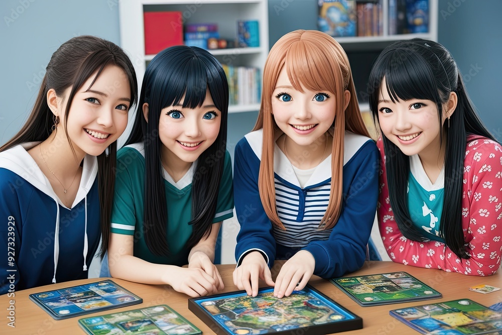 Fototapeta premium Anime Girls Enjoying Board Games and Gaming Together for Fun and Friendship