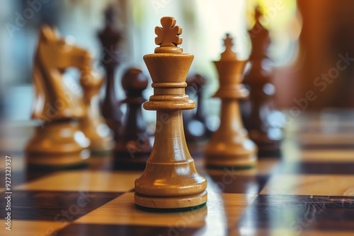 Close-up of chess pieces on a wooden chessboard, focusing on the king piece, rival chessmen blurred in the background.