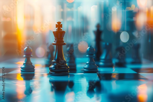 Close-up of chess pieces on a chessboard with a blurred city background, symbolizing strategy and competition in a modern setting. photo