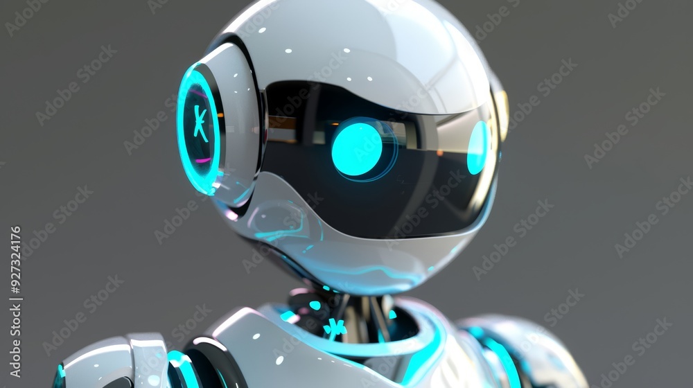 A futuristic robot head with glowing blue eyes and a white helmet. A futuristic robot head with glowing blue eyes and a white helmet.