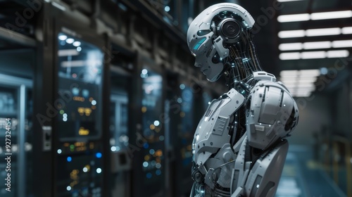 A futuristic robot stands in a server room, looking thoughtful.