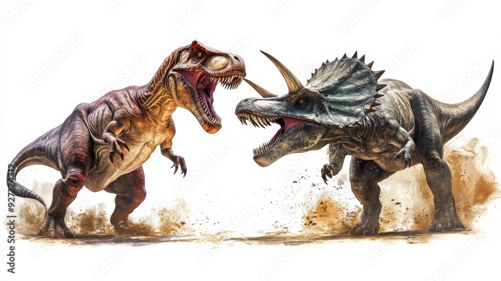 Fierce dinosaur battle between a roaring T-Rex and a defensive Triceratops, showcasing prehistoric wildlife in a dramatic confrontation. Fierce dinosaur battle between a roaring T-Rex and a defensive Triceratops, showcasing prehistoric wildlife in a dramatic confrontation.