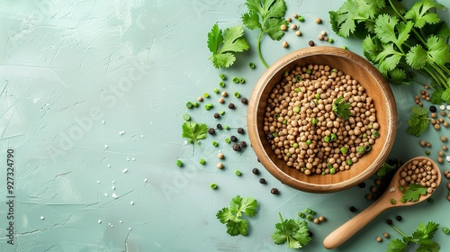 On a crisp green background a wooden dish filled with coriander seeds and coriander leaves is shown next it as decoration with a big space on it for text, Generative AI. photo