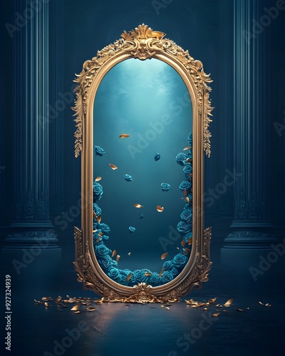 Opulent Baroque Mirror Frame with Underwater Fantasy Reflection