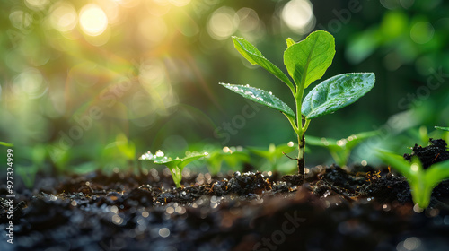 Young plant sprouting from soil new growth nature's cycle environmental freshness green leaf