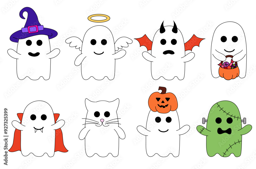 Cute Halloween ghosts in costumes. Holidays cartoon characters. Vector Flat Illustration. Cute Halloween ghosts in costumes. Holidays cartoon characters. Vector Flat Illustration.