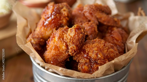 Close up shot of crispy fried chicken in honey sriracha sauce in canister with rustic charm