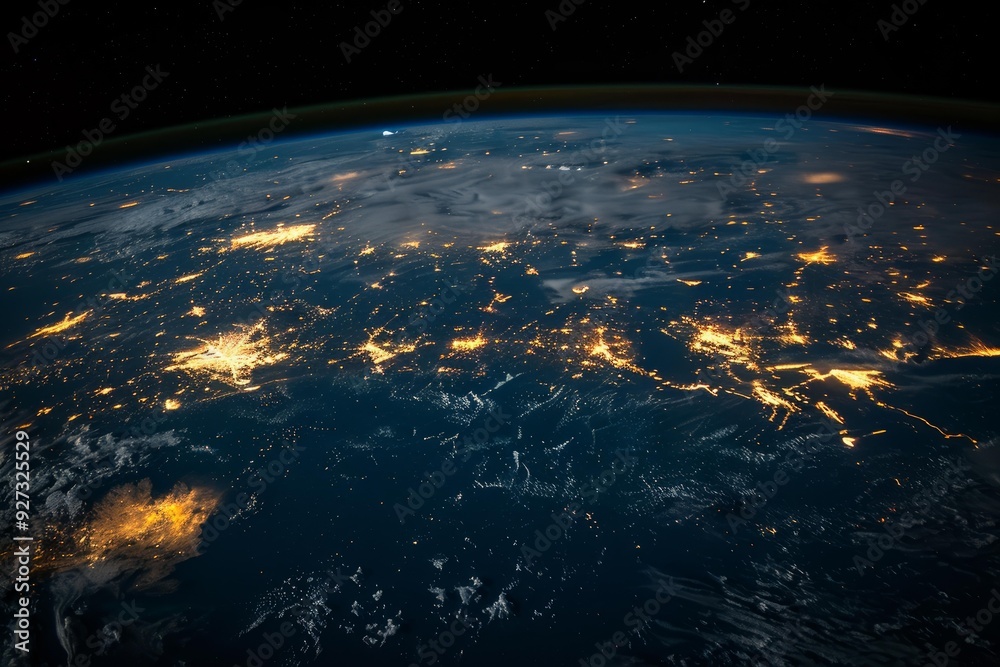 Fototapeta premium A stunning highangle view of city lights glowing on earth's surface from orbit at night