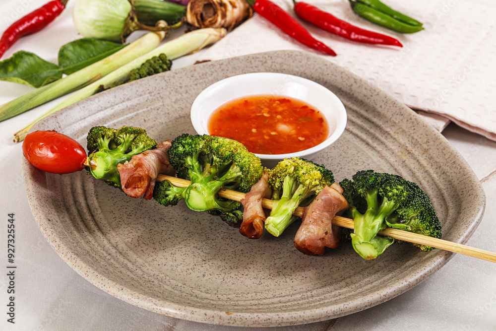 Thai Street foof satay with bacon and broccoli