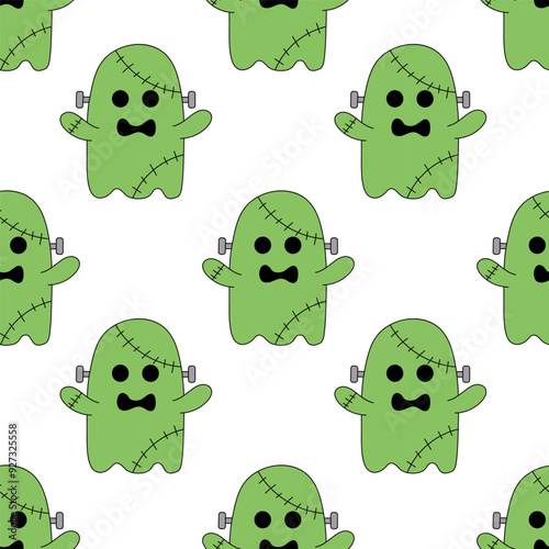 Seamless Pattern with Cute Halloween ghost Frankenstein. Holidays cartoon character on white background. Vector Flat Illustration.