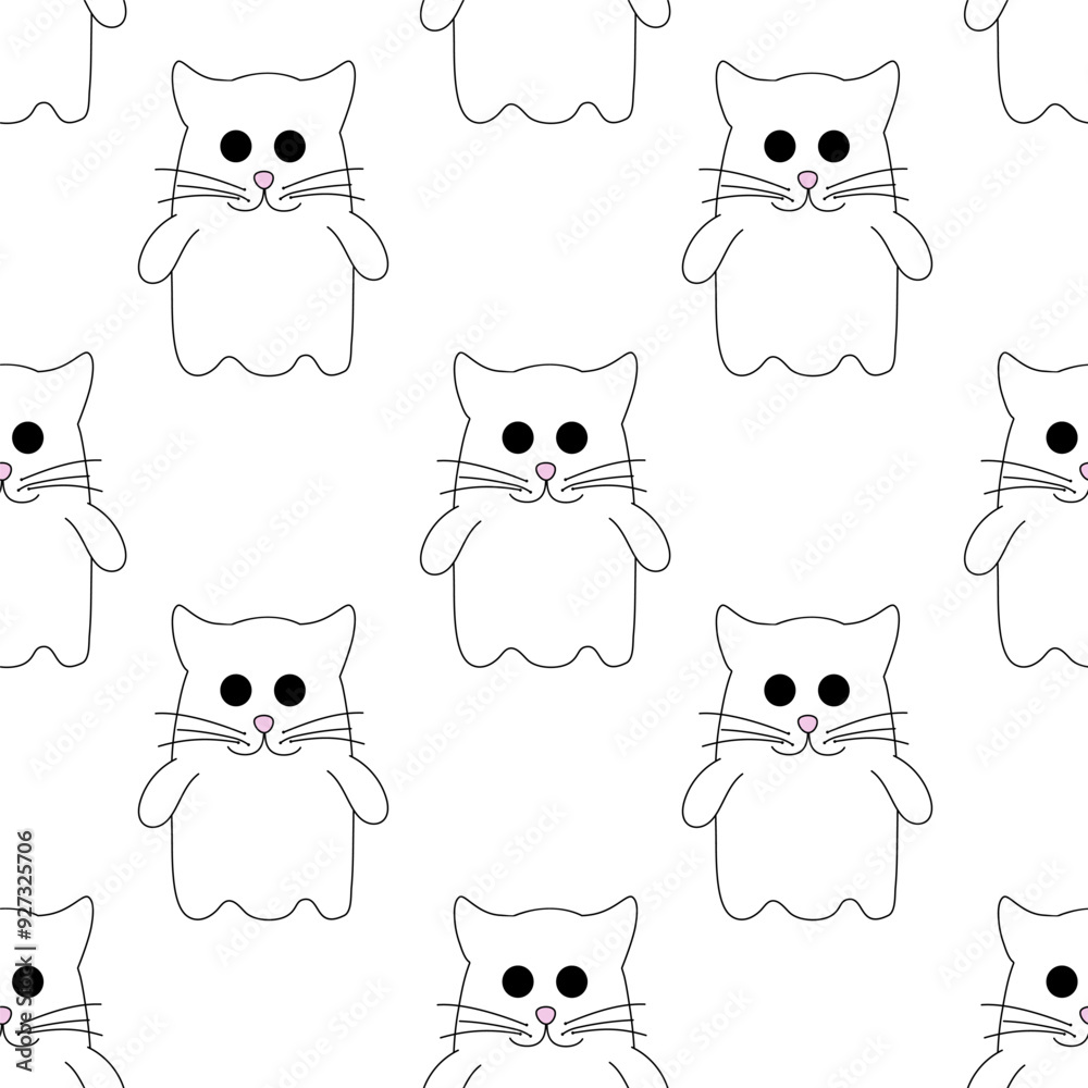 Obraz premium Seamless Pattern with Cute Halloween ghost in costume Cat. Holidays cartoon character on white background. Vector Flat Illustration.
