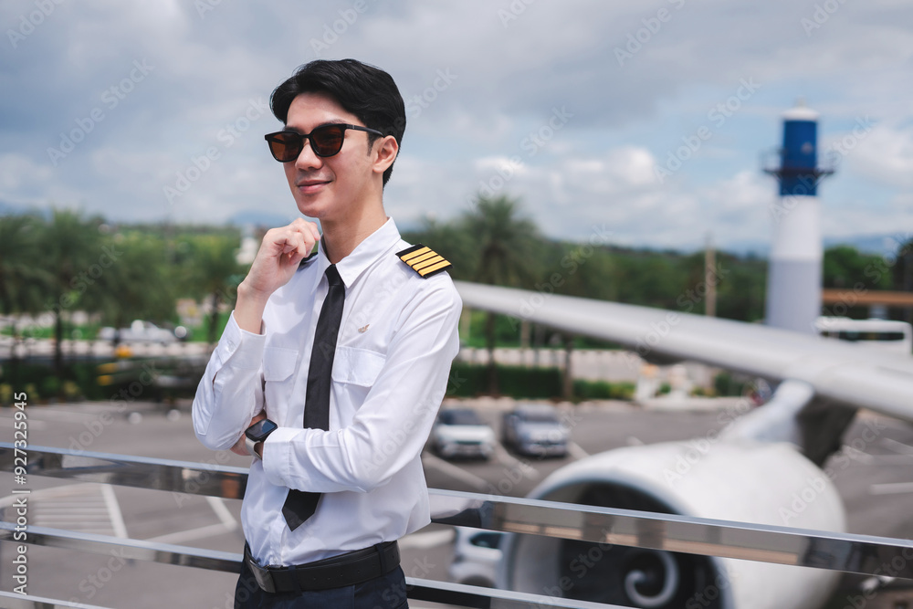 Portrait of a trained airplane captain in uniform preparing to fly. Portrait of a trained airplane captain in uniform preparing to fly.