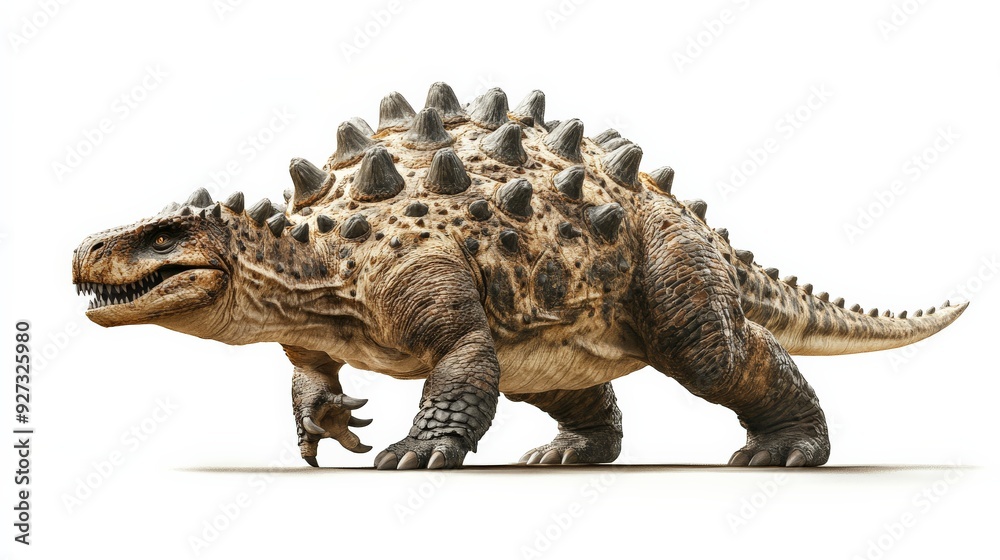 Naklejka premium Highly detailed 3D render of an armored dinosaur with spikes and a tail, isolated on a white background.
