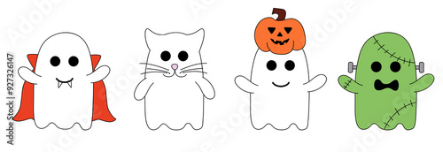 Cute Halloween ghosts in costumes. Holidays cartoon characters. Vector Flat Illustration.