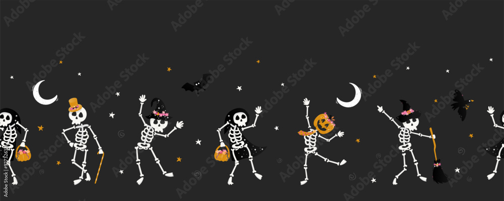 Naklejka premium Cute hand drawn vector skeletons with witch hats, pumpkins and other decoration, great for banners, wallpapers, textiles