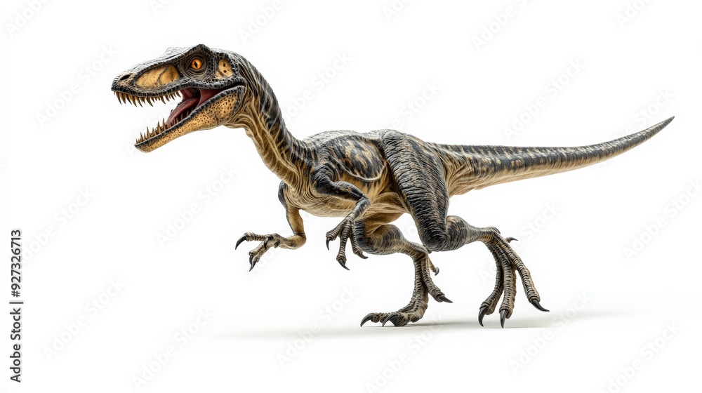 High-quality image of a realistic velociraptor dinosaur model on a white background. Ideal for educational and thematic purposes. High-quality image of a realistic velociraptor dinosaur model on a white background. Ideal for educational and thematic purposes.
