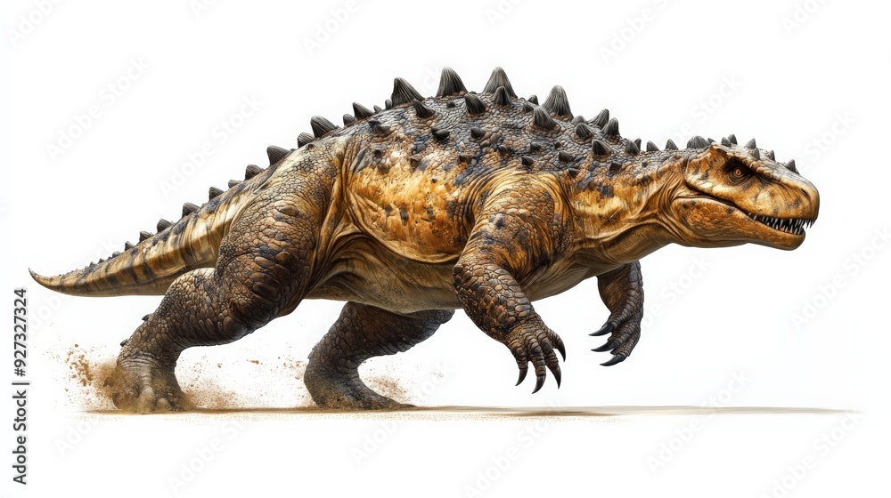 Illustration of a fierce, spiked dinosaur resembling Ankylosaurus, charging forward on a white background, showcasing its formidable appearance. Illustration of a fierce, spiked dinosaur resembling Ankylosaurus, charging forward on a white background, showcasing its formidable appearance.