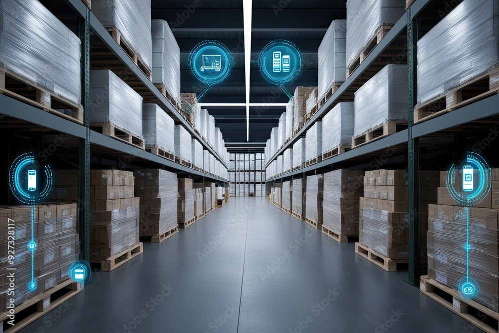 Naklejka premium High-Tech Distribution Center Visualization Featuring Innovative Inventory Tracking with Connected Devices