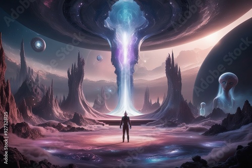 Extraordinary Cosmic Landscape with Ethereal 3D Terrain and Mysterious Cosmic Beings photo