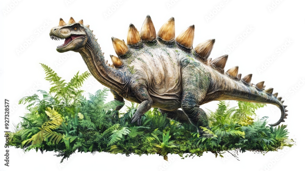 Illustration of a Stegosaurus dinosaur walking through dense foliage, highlighting its distinct plates and prehistoric nature. Illustration of a Stegosaurus dinosaur walking through dense foliage, highlighting its distinct plates and prehistoric nature.
