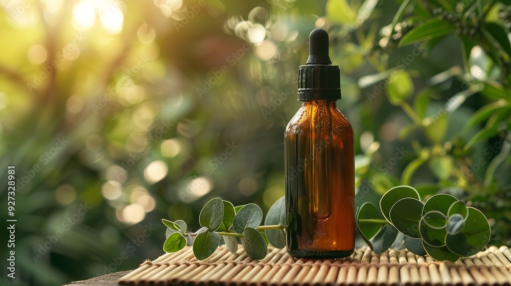 A wooden tabletop featuring eucalyptus leaves and an essential oil bottle against a backdrop of nature with a big space and close shot for textual use or nature backdrop, Generative AI. A wooden tabletop featuring eucalyptus leaves and an essential oil bottle against a backdrop of nature with a big space and close shot for textual use or nature backdrop, Generative AI.