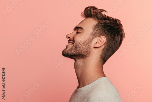 A close up of a man's face with her eyes closed