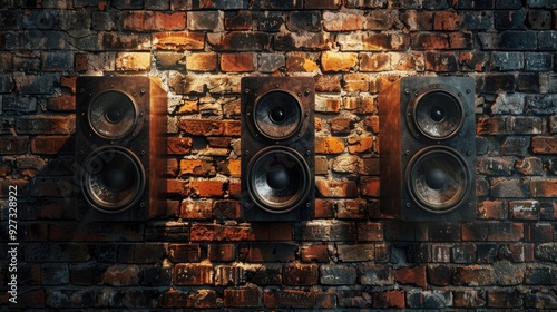 Speaker background. Vintage Speakers on Old Brick Wall with Enon Lighting, 3D Illustration photo