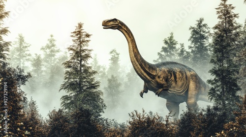 Image of a majestic dinosaur walking through a misty forest, evoking prehistoric landscapes and ancient times.